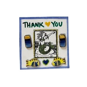 Vintage 80s small handmade ceramic clay fish & rectangle shaped studded earrings